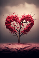 Red heart-shaped tree on a misty landscape. Valentines Day