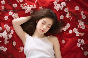 asian girl in flowers sleeping
