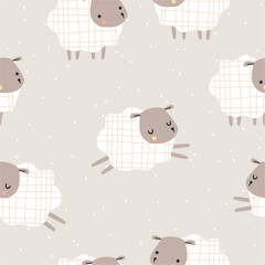 Vector kids seamless pattern with cute sheeps on a beige background. Neutral pastel colors. 