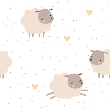 Vector kids seamless pattern with cute lambss on a white background. Neutral pastel colors. 