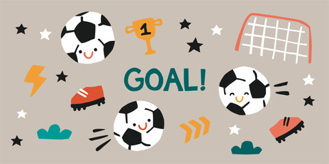 Football kids clipart. Soccerballs, boots, goal, win cup, stars on a beige background. 