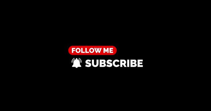 Social Media Subscribe Title. Follow me and subscribe textes, big notification icon, red and white color. Dynamic and fast animation, 4K resolution