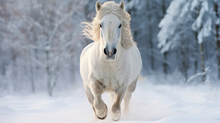 Obraz na płótnie Canvas Beautiful snowy white horse running in a snow field