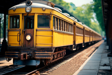 Fototapeta premium Railway station with yellow train. Travel concept.