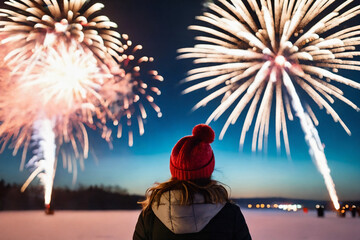 View from behind of a person admiring the fireworks on New Year's Eve
