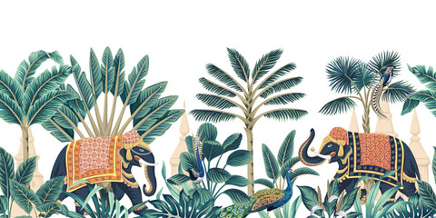 Indian elephant, peacock, palm tree, architecture, plant, tropical leaf floral seamless border white background. Vintage botanical jungle mural.	