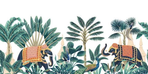 Fotobehang Indian elephant, peacock, palm tree, architecture, plant, tropical leaf floral seamless border white background. Vintage botanical jungle mural.  © good_mood