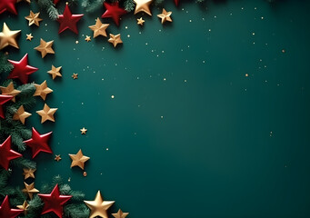Christmas background with fir branches and red stars. Top view. 3d render