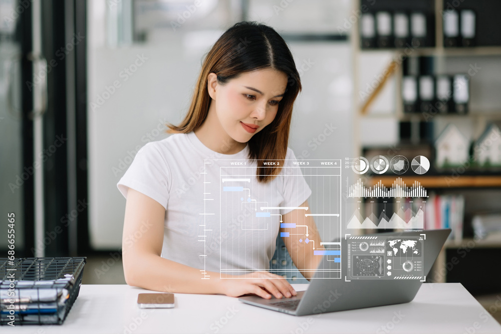 Aufkleber businesswoman hand project manager working and update tasks and gantt chart scheduling virtual diagr