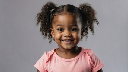 A cheerful young black girl with sparkling eyes and bouncy curly pigtails smiles in a light pink shirt against a neutral background