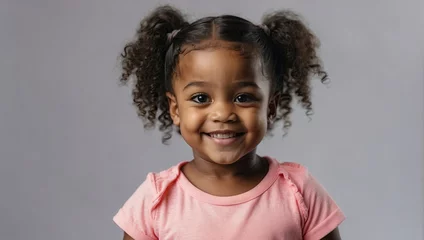 Fotobehang A cheerful young black girl with sparkling eyes and bouncy curly pigtails smiles in a light pink shirt against a neutral background © Tom