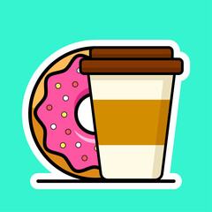 Coffee to go in a cup and lid with donut.Vector illustration