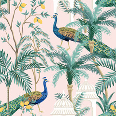 Vintage botanical garden tree, peacock, pavilion, palms, plant oriental seamless pattern pink background. Exotic chinoiserie wallpaper.
- 686655630