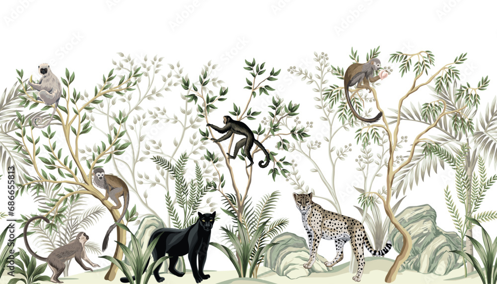 Wall mural Tropical landscape with leopard, panther, lemur, monkey, trees, plants. Jungle animal mural.	
