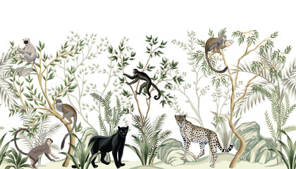 Tropical landscape with leopard, panther, lemur, monkey, trees, plants. Jungle animal mural.	
