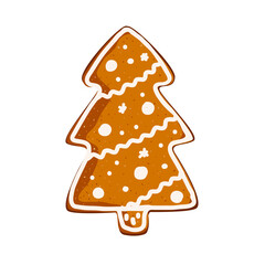 Christmas tree gingerbread cookie isolated on white background, vector illustration.