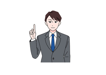 笑顔で指差しするスーツの男性