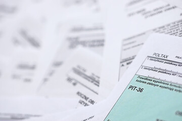 Very big amount of polish tax form blanks with PIT, CIT and VAT categories. Accounting, bureaucracy and taxpayers routine in Poland concept