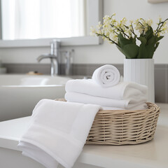 Wicker basket with white towels on table in bathroom