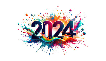 A digital art piece showing the text '2024' with a colorful splash effect on a white background