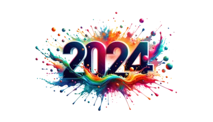 Fotobehang A digital art piece showing the text '2024' with a colorful splash effect on a white background © mariyana_117