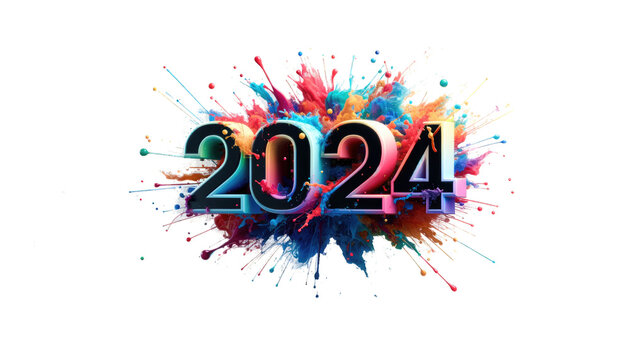 A 3D digital art piece showing the text '2024' with a colorful paint splash effect on a white background