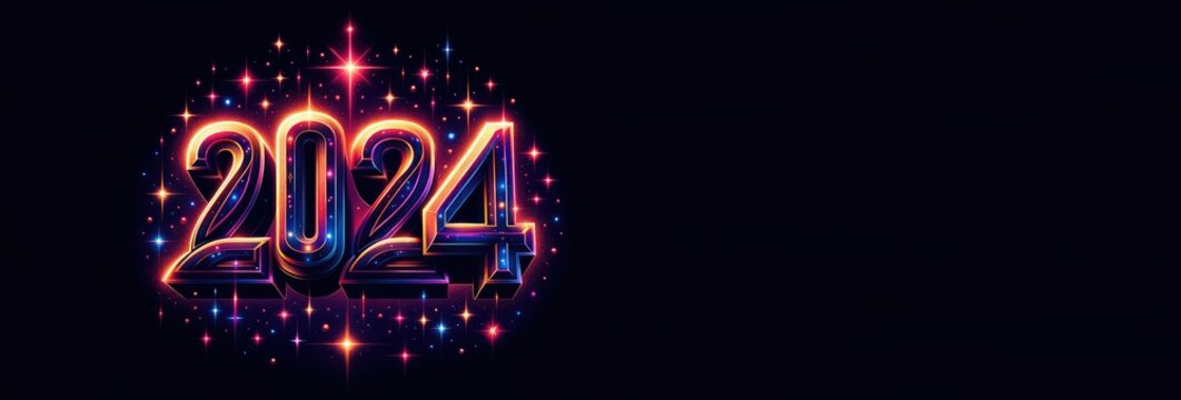 A digital art piece showcasing the year '2024' in bold, illuminated letters with vibrant sparkles on a dark background