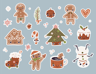 Cute cartoon Christmas collection. Cozy Set of Cute Merry Christmas and Happy New Year Illustrations or stickers. Festive christmas characters and objects.