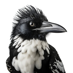 Portrait of Magpie bird black and white feathers, isolated on white background 