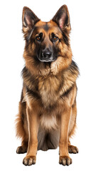 German shepherd dog with brown and black fur sitting isolated on white background
