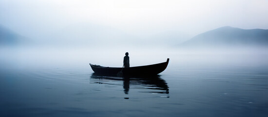 A lonely man standing in a boat in the middle of a lake. Overcast, foggy wheather.