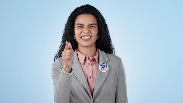 Woman, face or vote election sticker campaign promotion, debate or registration. Female person, point or proud badge politics or constitution rights party choice pin, mockup on blue studio background