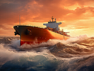 Fototapeta premium A large oil tanker in the Sea at sunset