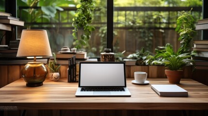 Workspace with notebook computer, blank screen and office equipment on wooden table