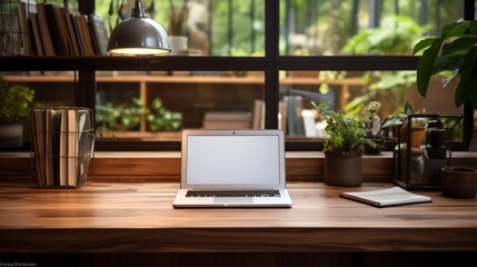 Workspace with notebook computer, blank screen and office equipment on wooden table