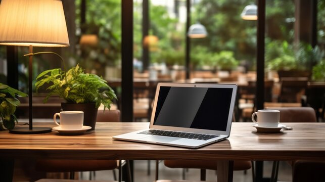 Workspace with notebook computer, blank screen and office equipment on wooden table