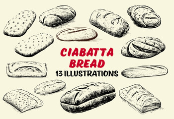 Collection of Ciabatta bread. Sketch illustration
