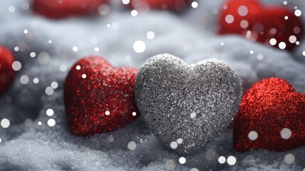 Glittering Red Hearts Lined on Snow - Symbol of Romantic Love and Warmth. Generative AI