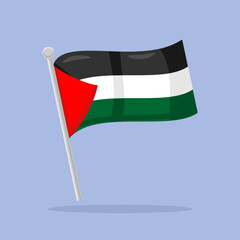 Palestine flag flying on pole designed in simple flat cartoon style, isolated on blue background. The Palestinian flag is a symbol of independence and struggle. Palestine flag icon.