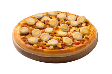 calabresa pizza with olives and eggs on white background.