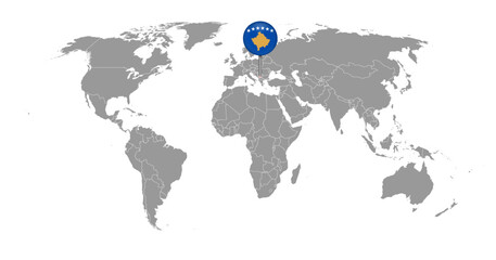 Pin map with Kosovo flag on world map. Vector illustration.