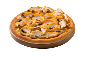 slice of meat and mushroom pizza on white background
