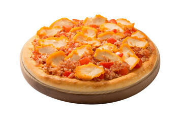 slice of pork pizza on white background