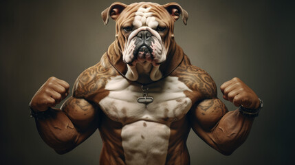 Portrait of  strongman dog, athletic bodybuilder, fitness concept art, abstract surrealistic animal in human pose - obrazy, fototapety, plakaty