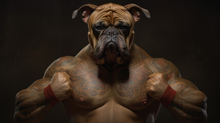 Portrait of  strongman dog, athletic bodybuilder, fitness concept art, abstract surrealistic animal in human pose - obrazy, fototapety, plakaty