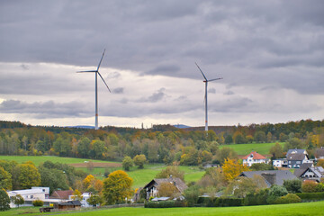 Fototapeta premium Large wind turbines in an autumnal landscape