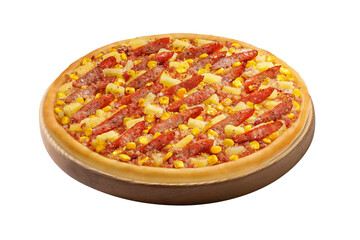 slice of corn and sausage pizza on white background