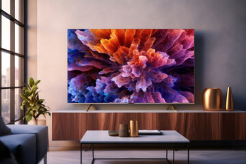 Modern room design with a large flat screen TV and a colorful image.Modern room.generative ai