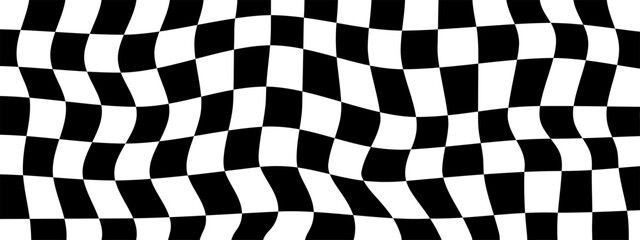 Black and white psychedelic checkerboard background. Hippie, retro chessboard template