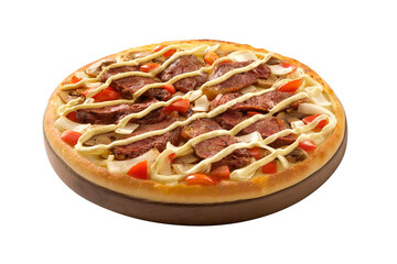 slice of beef and vegetable pizza on white background

